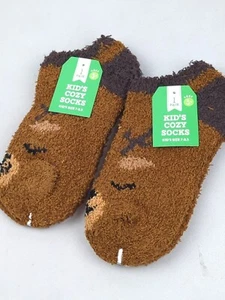 2-pair Cozy Socks Christmas Themed SLEEPING REINDEER, Kid's Size 7-8.5, NEW! - Picture 1 of 4
