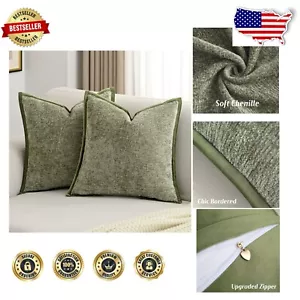 Modern 22x22 Inch Sage Green Chenille Pillow Covers with Zipper Closure - 2 Pack - Picture 1 of 8