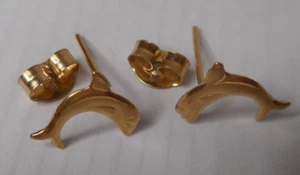 Childs Small Dainty Jumping Dolphin Stud Earrings 24Kt Gold Over Surgical Steel - Picture 1 of 8