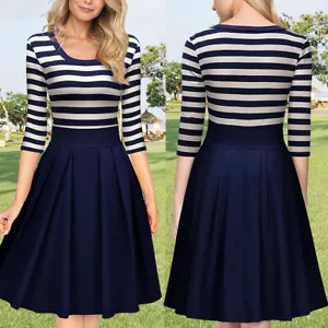 Women's O-Neck 3/4 Long Sleeve Striped Pleated Casual Swing Mini Dress US SHIP - Picture 1 of 7