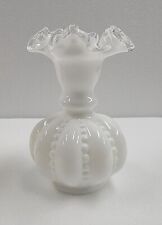 Fenton White Milk Glass Silver Crest Beaded Melon Vase 6” Tall Vintage 