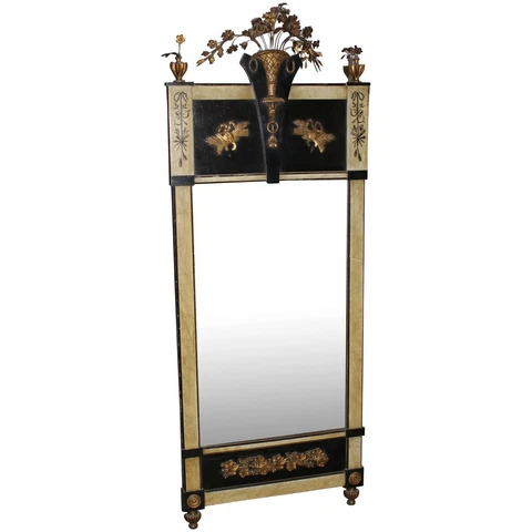 19th c Style Continental Gilt Pier Mirror with Flower Basket Crest & Faux Marble Cover