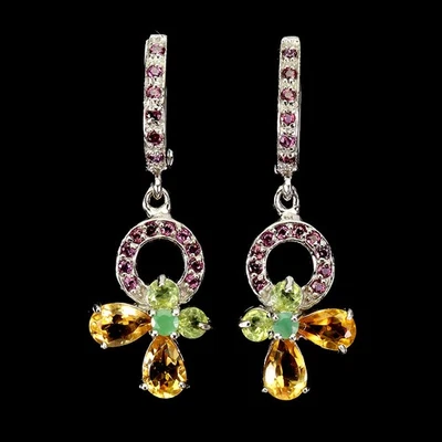 925 Sterling Silver Earrings Pear Citrine Emerald Rhodolite Gemstone Jewelry - Image 1 of 4