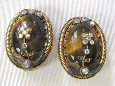 Винтажные серьги Elizabeth Koller в стиле ар-деко с венским тигровым глазом и кристаллами Aurora золото - Изображение 1 из 4