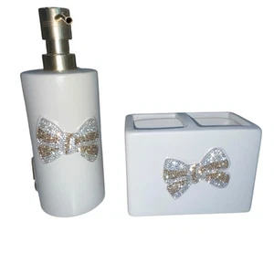 Rachel Zoe Bling Gold Bow Bathroom Soap Dispenser & Tooth Brush Holder TikTok - Picture 1 of 10