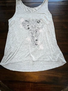 Gaiam XXL hellmeliertes graues TANK mit Elefanten-Design vorne Tunika Activewear gebraucht, in einwandfreiem Zustand - Bild 1 von 8