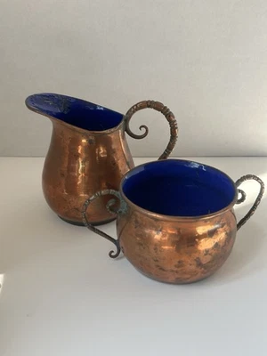 Signed Nekrassoff Copper Enamel Sugar & Creamer Set 1930s–50s One Needs Repair - Image 1 of 4