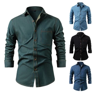 Denim Shirt Men's Cotton Non-Ironing Solid Color Long Sleeve Men's Casual Jacket - Picture 1 of 20