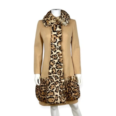 Lilli Ann Knit VTG 1960s Camel Tan Wool Leopard Print Trim Coat & Matching Dress - Image 1 of 4