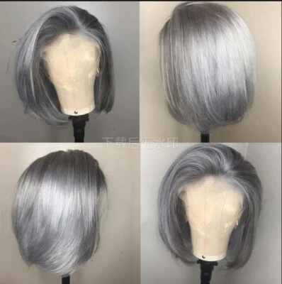 Sliver 灰色短 Bob 蕾丝前假发人类头发巴西 13x4 蕾丝前假发 — 第 1/4 张图片