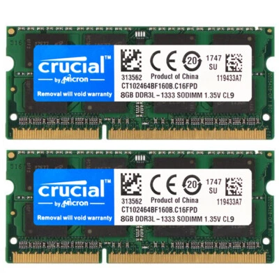 CRUCIAL DDR3L 16GB (8GB x2) 1333mhz PC3L-10600 Laptop SODIMM Memory RAM DDR3 - Image 1 of 4