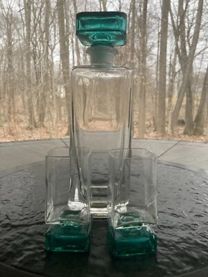 Raro MCM Luigi Bormioli Light & Music Set Decantador de turquesa y 2 vasos de chupito Foto 1 de 4