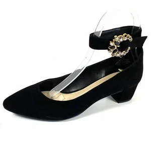 Nine West Bartlly Pump Low Heel Ankle Strap Rhinestone Black Suede Sz 7.5 M EUC - Picture 1 of 9