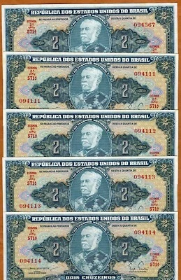 LOT Brazil, 5 x 2 cruzeiros, ND (1955-1958) P-157Aa, Ch. UNC Yellow Tone - Image 1 of 2