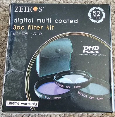 Zeikos Multi-Coated Professional 3pc Filter Kit UV+CPL+FL-D 52mm Nikon Cannon - Image 1 of 4