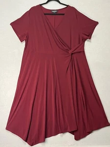 Perceptions Womens Dress 2X Plus Red Wine Fit Flare Surplice Neck Faux Wrap Knot - Picture 1 of 15