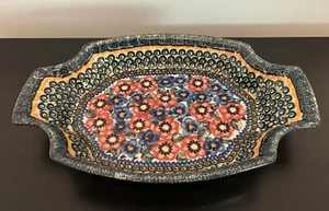 Polnische Keramik Unikat signiert blau und rot Mohnblumen tiefe Platte Tablett 13" selten Rarität - Bild 1 von 9