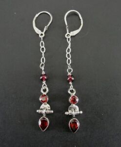 Long Garnets Beads Stones Chain Dangle Sterling 925 Silver Earrings 