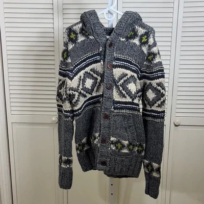Abercrombie & Fitch Men's Wool Blend Hooded Chunky Gray Cardigan Sweater Medium - Image 1 of 4
