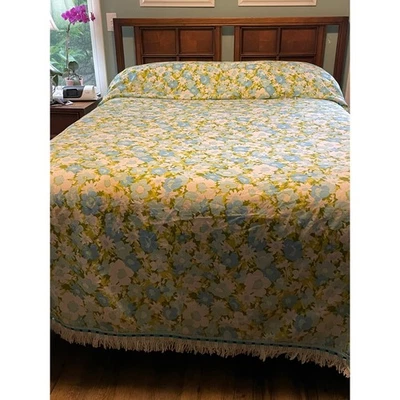 Vintage Floral Coverlet, Full Size Bed, Fringe Trim, Blue, Moss Green and White - Image 1 of 4