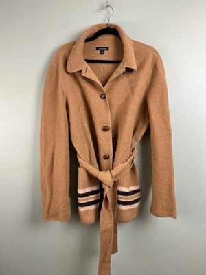 Suéter largo de lana Lands End para mujer 16 cárdigan con cinturón marrón beige suéter a rayas Foto 1 de 4