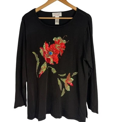 Свитер праздничный украшенный блестками Victor Costa Occasion черный 1X - Изображение 1 из 4