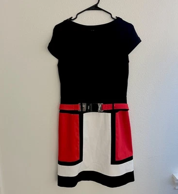 Chetta B Dress Size 10 Red Colorblock Geometric Cocktail Dress With Belt - Image 1 of 4