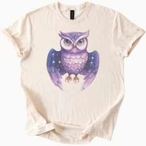 Purple Galaxy Owl Graphic Tee Celestial Starry Night Bird Shirt - Bild 1 von 6