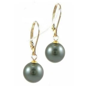 Pendientes traseros de palanca de oro amarillo 14K perla negra tahitiana de alta calidad de 9-10 mm - Imagen 1 de 2