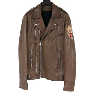 Balmain Men Biker Jacket 52 XL Olive Green Leather Embroidered Logo Patch Coat - Picture 1 of 8