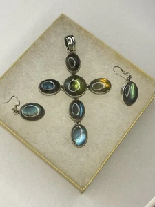 Labradorite Sterling Silver Cross Pendant & Earrings - Picture 1 of 13