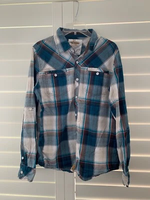 Epic Threads 男孩蓝色 🔵格子衬衫,棕色� 肘贴,尺寸 L — 第 1/4 张图片