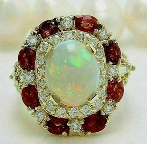 Oval Cut Simulated Fire Opal & Red Garnet Women's Ring In 14K Yellow Gold Plated - Picture 1 of 6