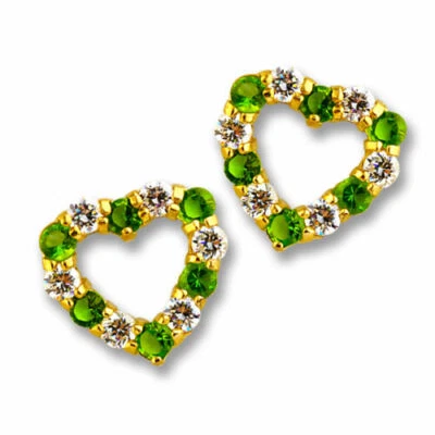 1CT WOMEN/CHILDREN 14K YG HEART PERIDOT W/ WHITE SAPPHIRE STUD SCREWBACK EARRING - Image 1 of 2