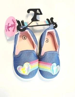 Bebé Niñas Talla 4 Pre-Caminar Infantil Denim Arco Iris Elastizado Zapato Sin Cordones ~ Nuevo Foto 1 de 4