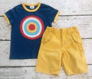 MINI BODEN Boys Blue Bullseye Short Sleeve Tee and Yellow Shorts 5 6 5-6 EUC