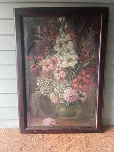 VINTAGE MEDIUM FLORAL OIL PAINTING SIGNED VENA T CARROLL 1940, ROSES GARDENIAS - Picture 1 of 17