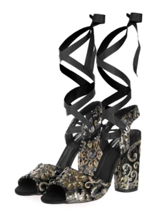 Topshop Rioja UK 3 & 6 Black Embroidered Sequin Block Heeled Gladiator Sandals - Picture 1 of 4