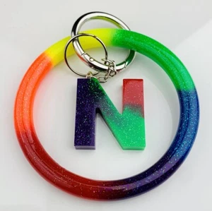 Sparkling Rainbow Resin Keychain  & Letter Bracelet Set Keychain Wristlet - Picture 1 of 1