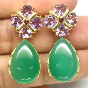 Sin Calentar 14 x 21 Mm. Ágata Verde ,Amatista Granate Earrings 925 Plata de Ley - Imagen 1 de 4