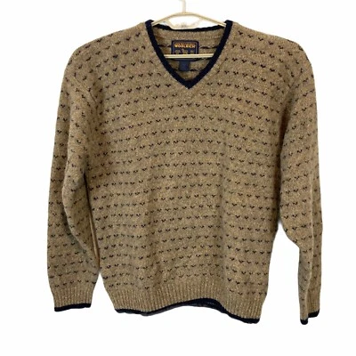 Woolrich Pullover Sweater Men's Size XL Tan Navy Wool Long Sleeve V Neck Vintage - Image 1 of 4