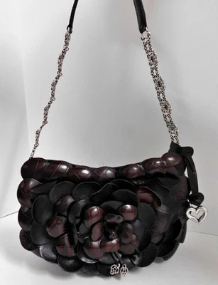 Bolso de Hombro Brighton Rosalie Cadena Plateada Cuero Negro y Marrón Pétalos Foto 1 de 4