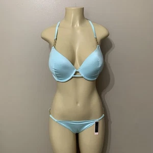Victoria’s Secret NWT Blue Bikini Set Gold Chain Detail Push Up Top 34DD, M Bott - Picture 1 of 10