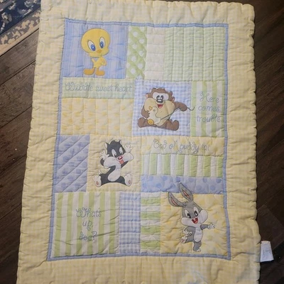 Dolly Baby Looney Tunes Blanket Blue  Yellow And GreenTweety Bird Bugs Bunny Taz - Image 1 of 4