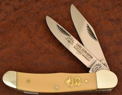 CUCHILLO CABEZA COBRE DELRIN AMARILLO CARL SCHLIEPER MARCA OJO ALEMÁN SOLINGEN ALEMANIA Foto 1 de 4