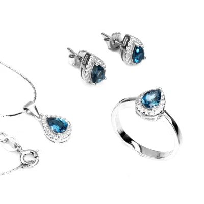 Set Di Gioielli In Argento Sterling 925 Con Topazio Blu Londinese - Immagine 1 di 4