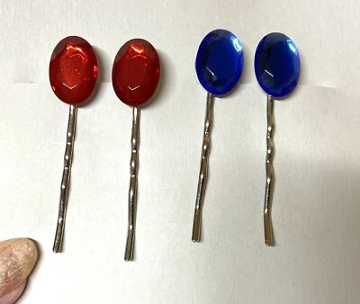 2x Bobby Pin sets- GLASS STONE ACCENT- OVAL RED  and BLUEFACETED STONES - Image 1 of 4