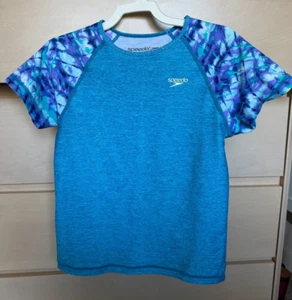 Girls Speedo short sleeve rash guard swim surf shirt Medium M Blue UPF 50+ 6 7 8 - Picture 1 of 8