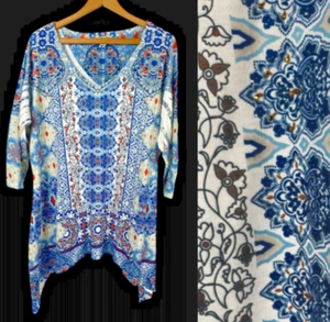 One World Tunic Top Slinky Travel Knit Blue White Geometric Art to Wear Boho 2X - Picture 1 of 14