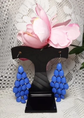 Pendiente Tono Plateado Azul Factado Lágrima Lucita Capa Cuelga 3.5" Gancho Pierce  Foto 1 de 4